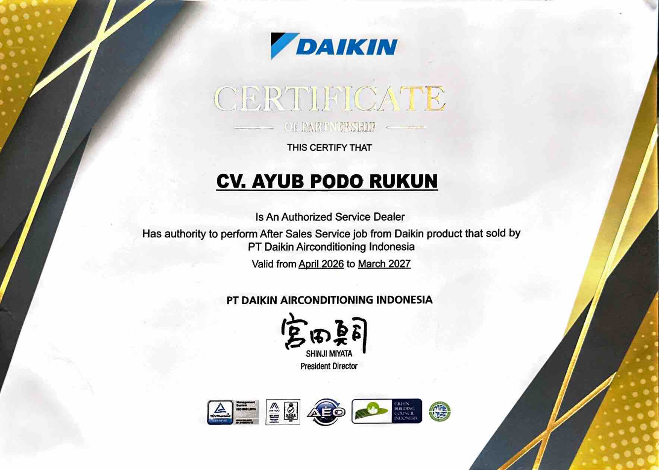Sertifikat: Mitra Resmi Daikin — Authorized Service Dealer · 2026