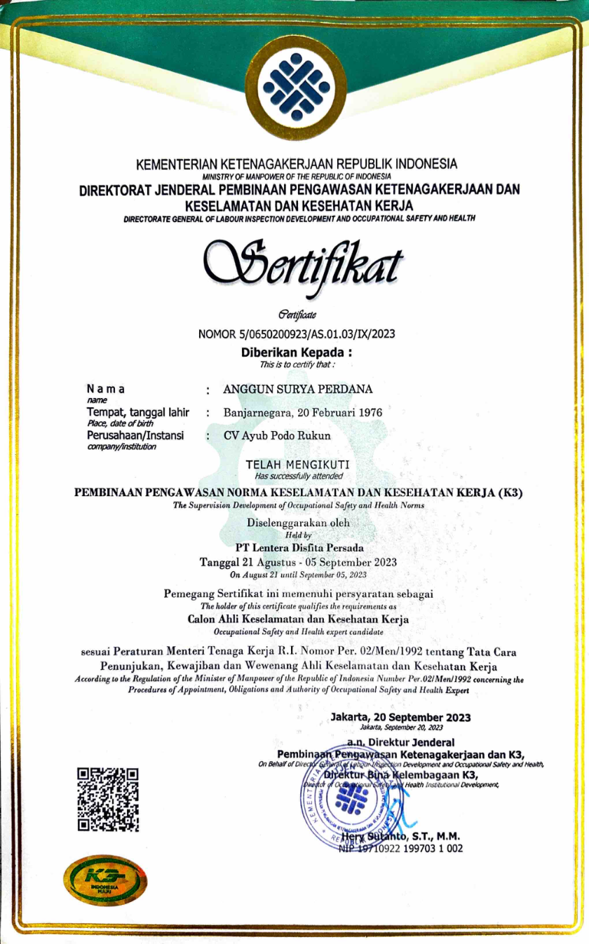 Sertifikat: Sertifikat K3 — Kemnaker RI · 2023