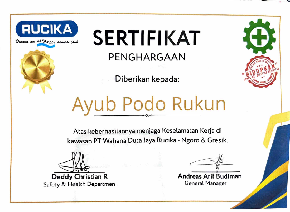 Sertifikat: Penghargaan Keselamatan Kerja — PT Wahana Duta Jaya Rucika